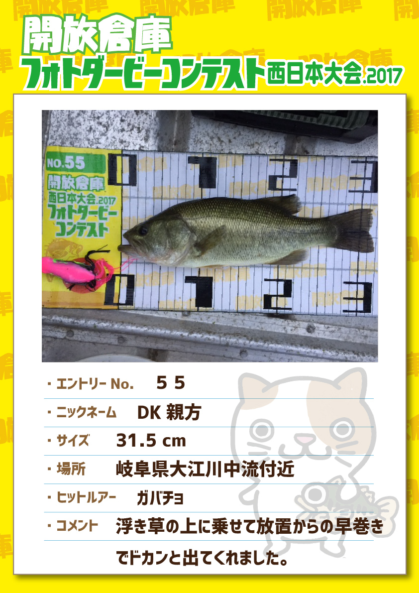 No.055 DK親方 31.5cm 岐阜県大江川中流付近 ガバチョ 浮き草の上に乗せて放置からの早巻きでドカンと出てくれました。